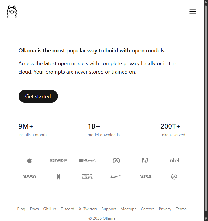 The Ollama website where you download the app
