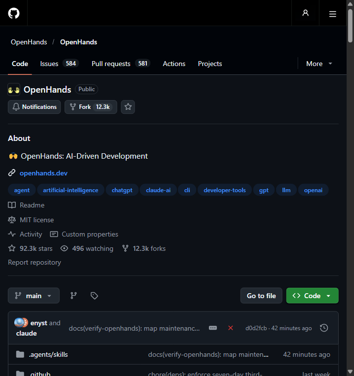 OpenHands GitHub repository (English interface)
