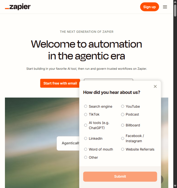 The Zapier website sign-up page